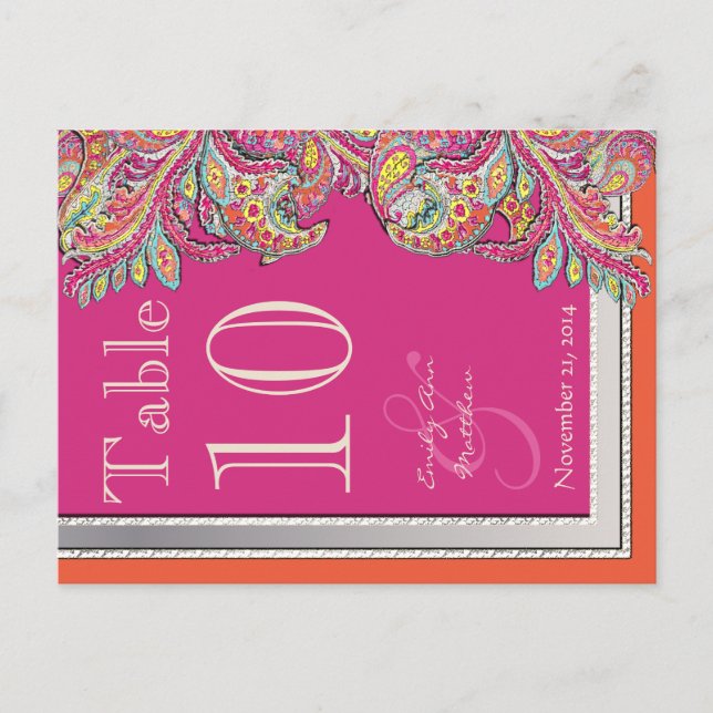 Moroccan Tangerine & Fuchsia Wedding Table Number (Front)