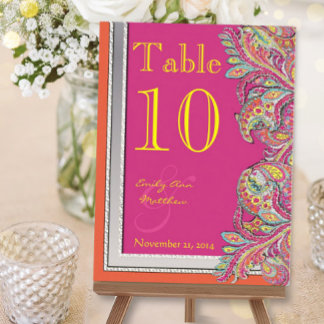 Moroccan Tangerine & Fuchsia Wedding Table Number