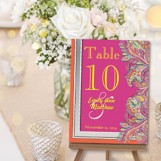 Moroccan Tangerine & Fuchsia Wedding Table Number