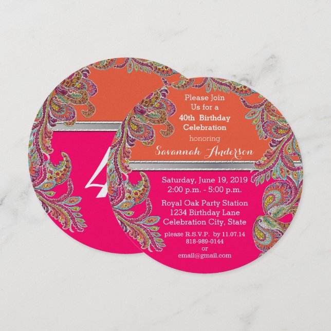 Moroccan Tangerine & Hot Pink 40th Birthday Party Invitation (Front/Back)