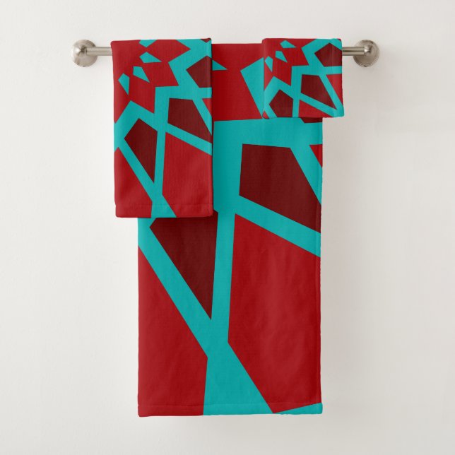 Moroccan Teal And Red Pattern Bath Towel Set (Insitu)