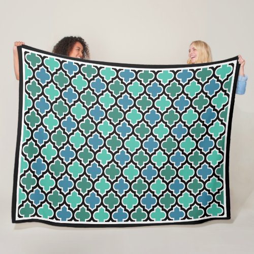 Moroccan Teal Turquoise Blue Quatrefoil Pattern Fleece Blanket