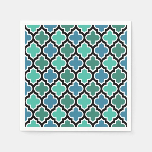 Moroccan Teal Turquoise Blue Quatrefoil Pattern Paper Napkins
