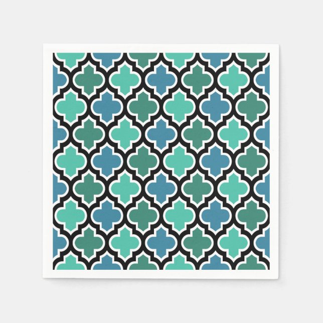 Moroccan Teal Turquoise Blue Quatrefoil Pattern Paper Napkins (Front)