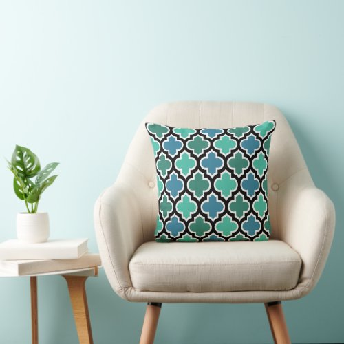 Moroccan Teal Turquoise Blue Quatrefoil Pattern Throw Pillow