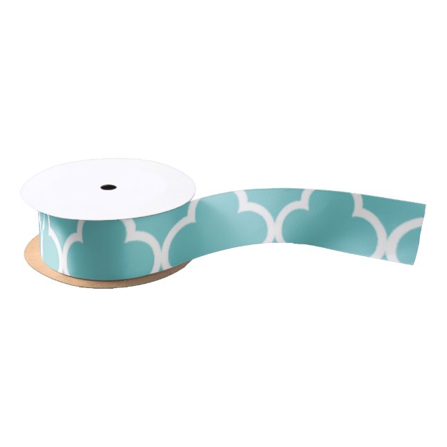 Moroccan Teal White Quatrefoil Pattern Satin Ribbon (Spool)