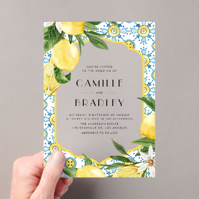 Moroccan Tile and Lemons Mediterranean Wedding Acrylic Invitations (Insitu (Handheld))