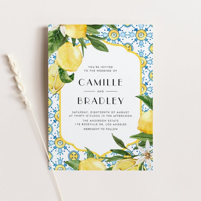 Moroccan Tile and Lemons Mediterranean Wedding Magnetic Invitation (Watercolor Moroccan Tile and Lemon Design Mediterranean Wedding Invitation Magnet)