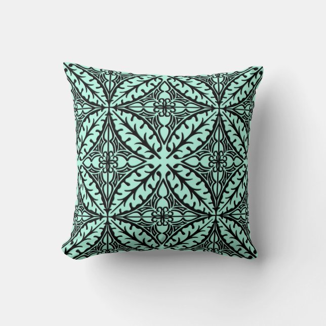 Moroccan tile - aqua blue and black throw pillow (Front)