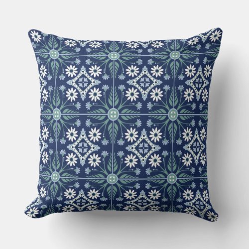 Moroccan tile arabesque vivid blue white green throw pillow