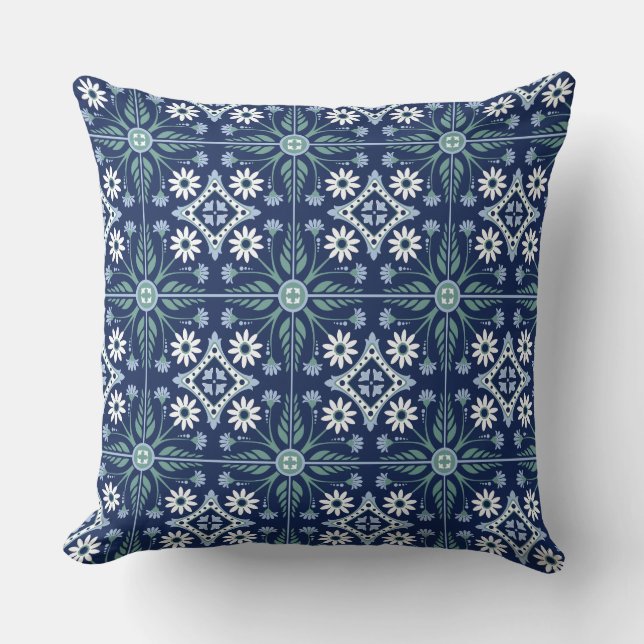 Moroccan tile arabesque vivid blue white green throw pillow (Front)