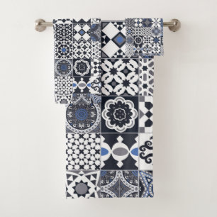 Moroccan tile black,blue,gray bath towel set