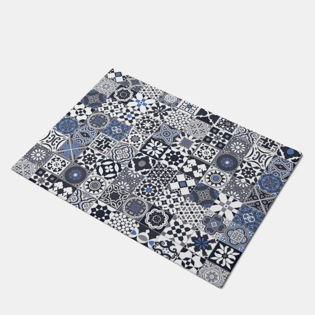 Moroccan tile black,blue,gray doormat (Angled)
