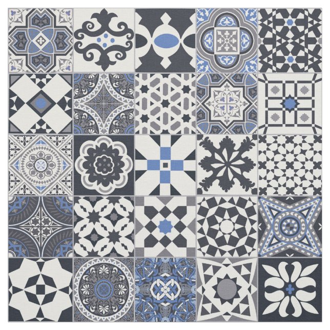 Moroccan tile black,blue,gray fabric (Swatch)