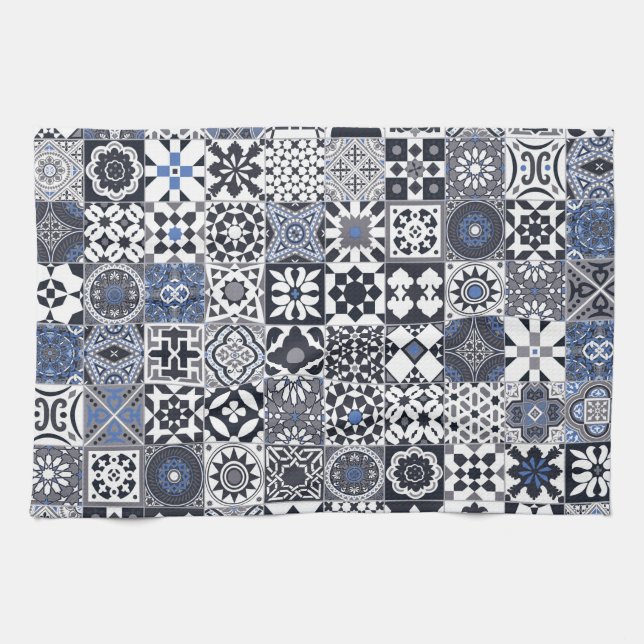 Moroccan tile black,blue,gray kitchen towel (Horizontal)