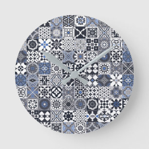 Moroccan tile black,blue,gray round clock