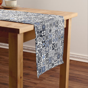 Moroccan tile black,blue,gray short table runner