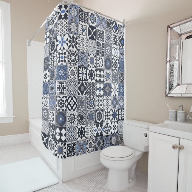 Moroccan tile black,blue,gray shower curtain (In Situ)