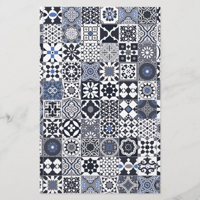 Moroccan tile black,blue,gray stationery (Front)