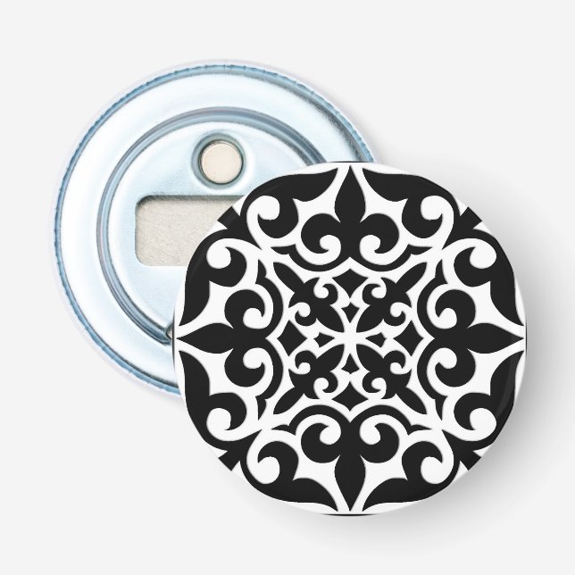 Moroccan tile - black with white background bottle opener (Front)