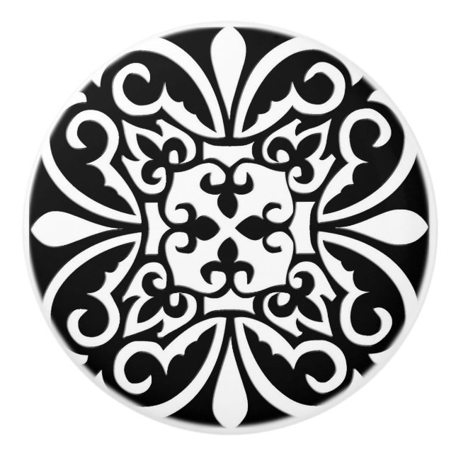 Moroccan tile - black with white background ceramic knob (Front)