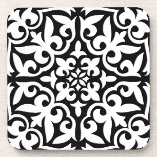 Moroccan tile - black with white background drink coaster