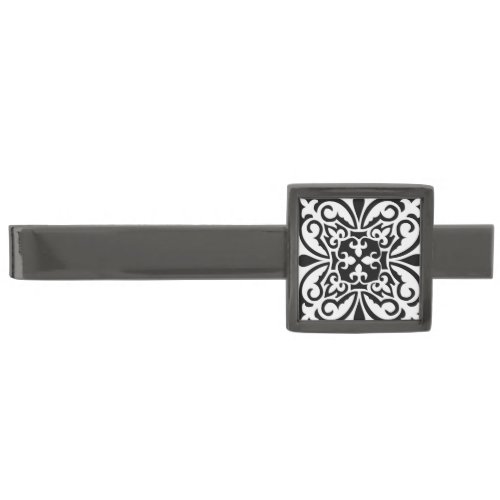 Moroccan tile _ black with white background gunmetal finish tie clip