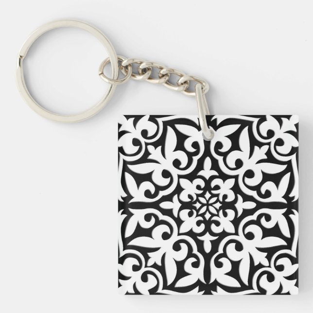 Moroccan tile - black with white background keychain (Front)