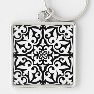 Moroccan tile - black with white background keychain