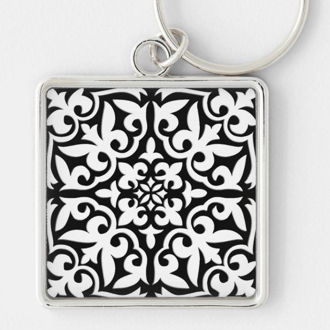 Moroccan tile - black with white background keychain (Front)