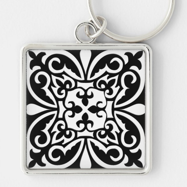 Moroccan tile - black with white background keychain (Front)