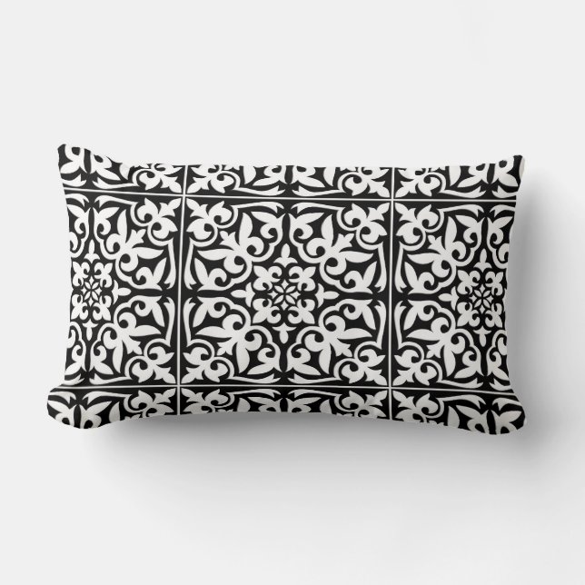 Moroccan tile - black with white background lumbar pillow (Front)