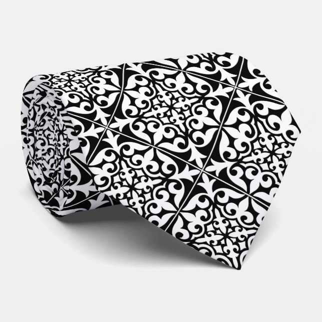 Moroccan tile - black with white background neck tie (Rolled)
