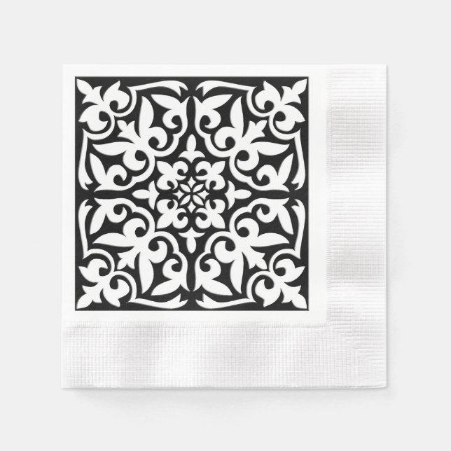 Moroccan tile - black with white background paper napkins (Front)