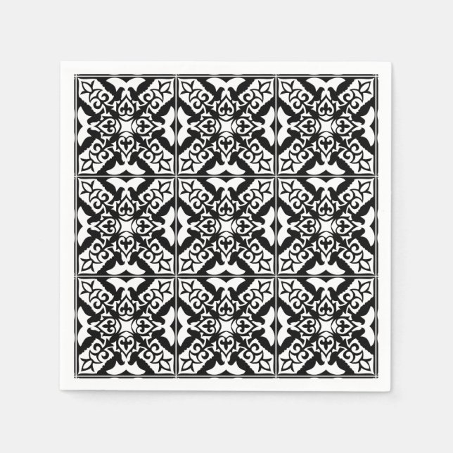 Moroccan tile - black with white background paper napkins (Front)