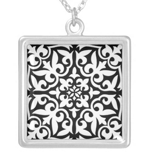 Moroccan tile _ black with white background silver plated necklace