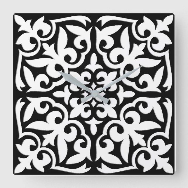 Moroccan tile - black with white background square wall clock (Front)