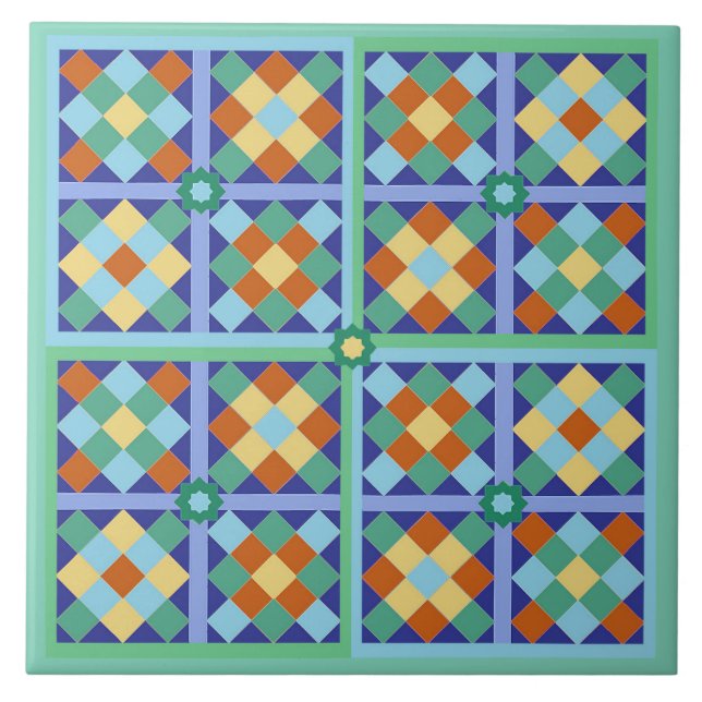 Moroccan tile blocks in blue teal gold terracotta (Front)