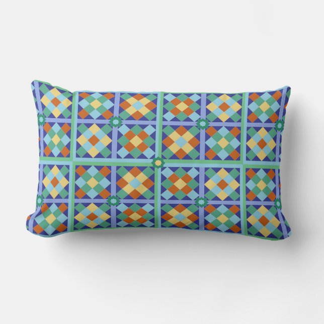 Moroccan tile blocks in blue teal gold terracotta lumbar pillow (Front)