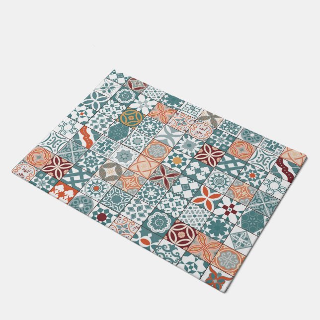 Moroccan tile - blue and brown doormat (Angled)