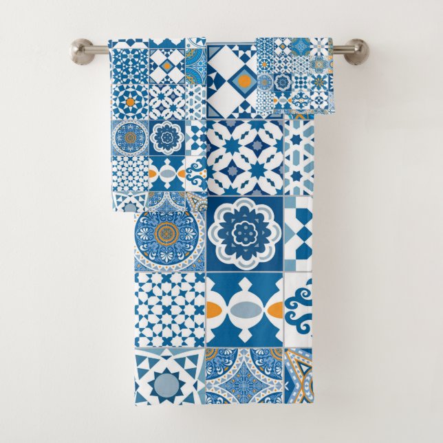 Moroccan tile - blue and orange bath towel set (Insitu)