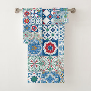 Moroccan tile - blue and red bath towel set
