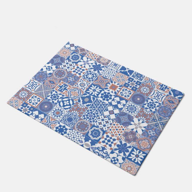 Moroccan tile blue,brown doormat (Angled)