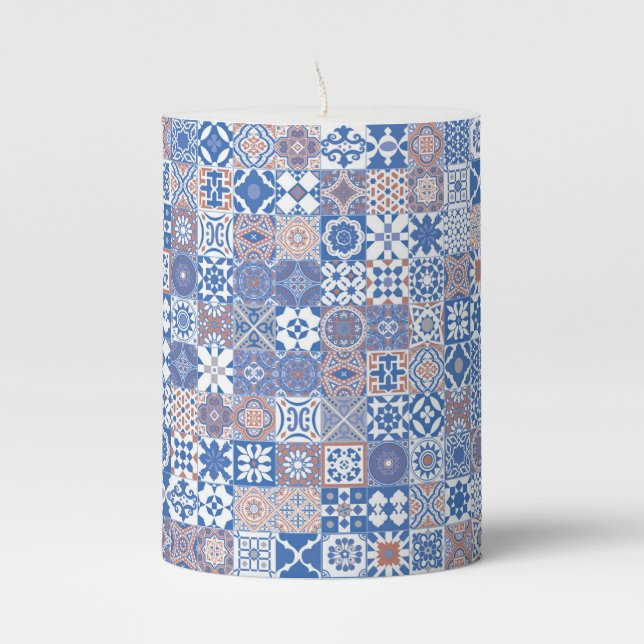 Moroccan tile blue,brown pillar candle (Front)