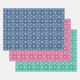 Moroccan Tile, Blue, Fuchsia Pink, Turquoise  Wrapping Paper Sheets