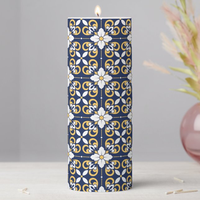 Moroccan tile blue gold geometric decorative pillar candle (In Situ)