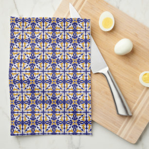 Moroccan Tile Blue Yellow Vintage Bohemian Pattern Kitchen Towel