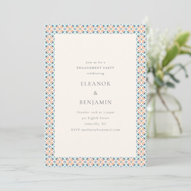 Moroccan Tile Border Teal Orange Engagement Party Invitation (Standing Front)