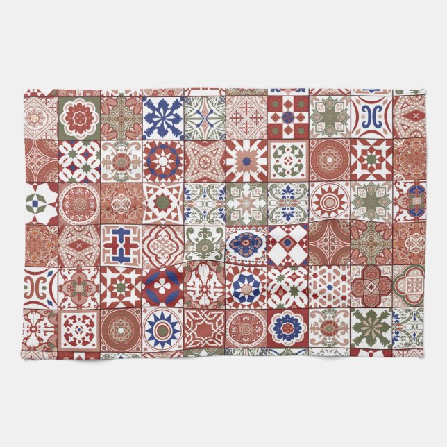 Moroccan tile - burgundy and blue kitchen towel (Horizontal)