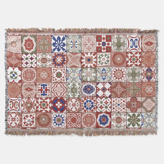Moroccan tile - burgundy and blue throw blanket (Front)